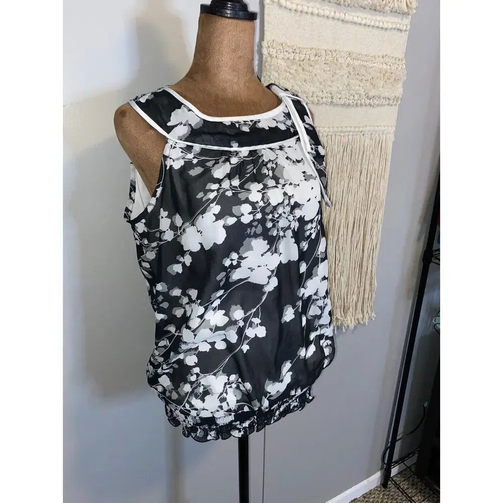 BCX Black White Floral Sleeveless Bubble Hem Blouse Medium Sheer Layered Top